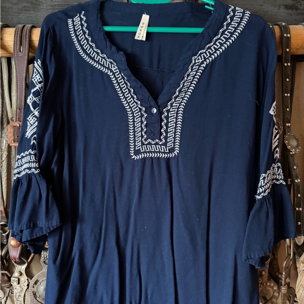 Roper Dark Blue Blouse with White Embroidery
